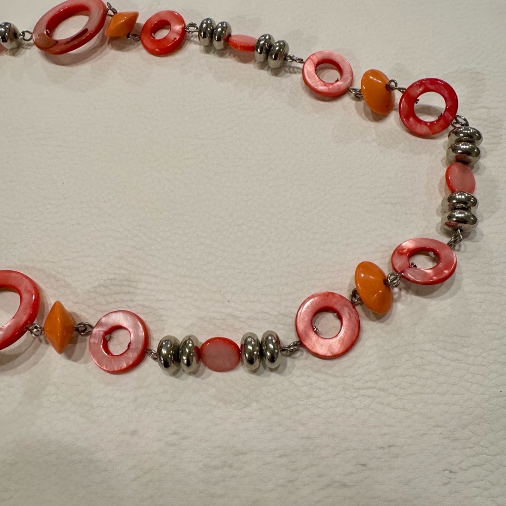 Chico's Silver-Tone Coral Colored Circle Beaded Necklace